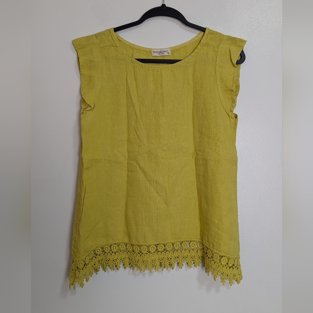 Terzo Millennnio Italian 100% Linen Yellow Crochet Hem Top Size‎ Small